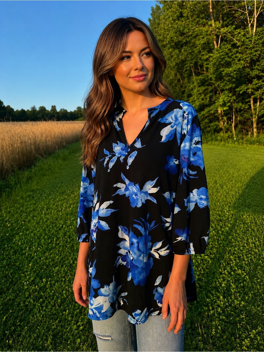 Black Floral V-Neck Tunic Blouse with Blue Blooms